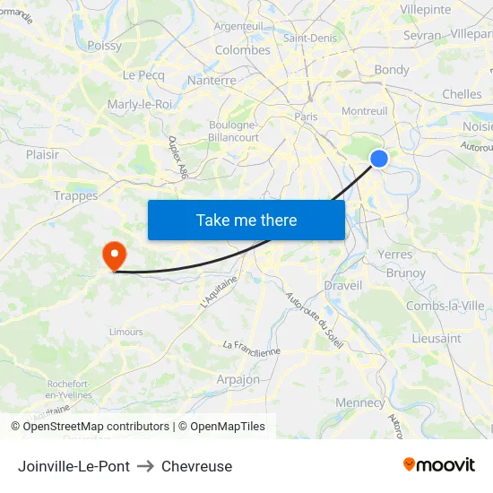 Joinville-Le-Pont to Chevreuse map