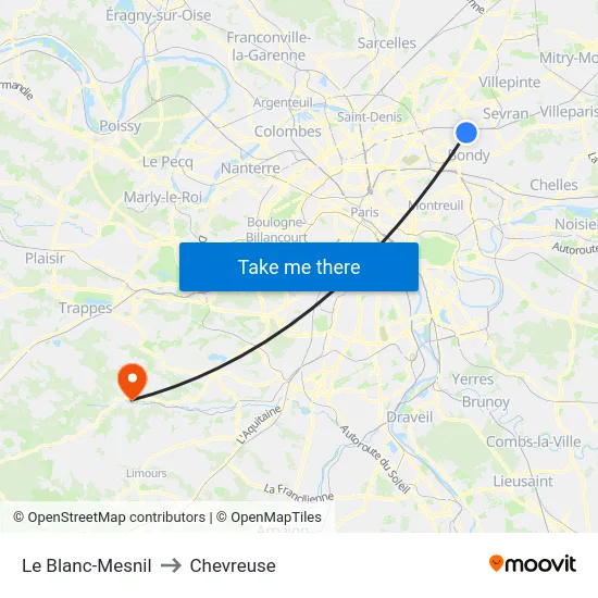 Le Blanc-Mesnil to Chevreuse map