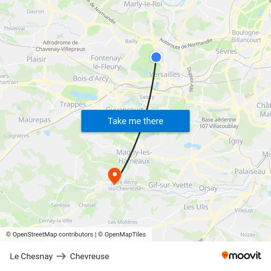 Le Chesnay to Chevreuse map