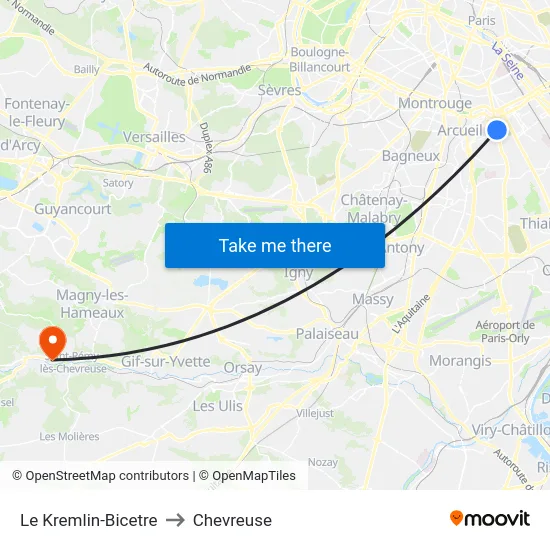 Le Kremlin-Bicetre to Chevreuse map