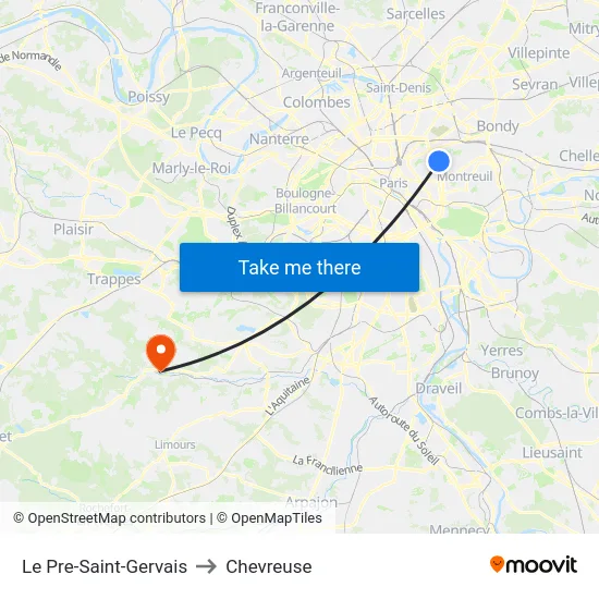 Le Pre-Saint-Gervais to Chevreuse map