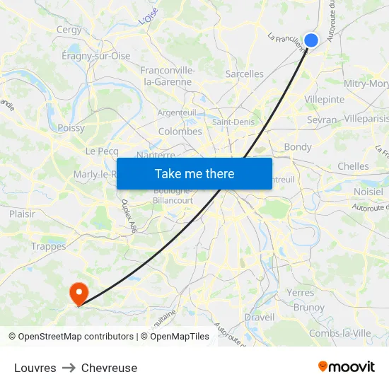 Louvres to Chevreuse map