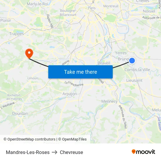 Mandres-Les-Roses to Chevreuse map