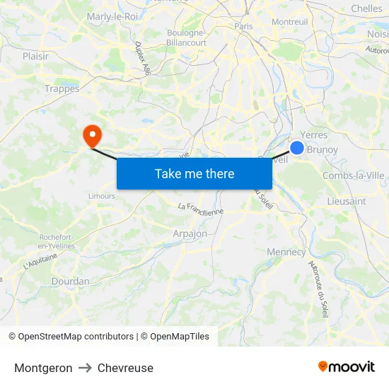Montgeron to Chevreuse map