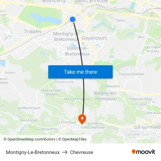 Montigny-Le-Bretonneux to Chevreuse map