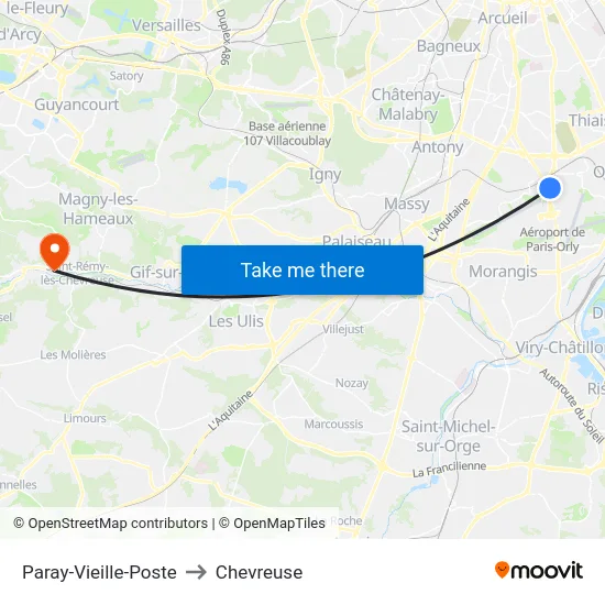 Paray-Vieille-Poste to Chevreuse map
