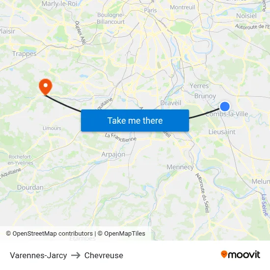 Varennes-Jarcy to Chevreuse map
