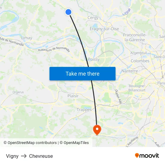 Vigny to Chevreuse map