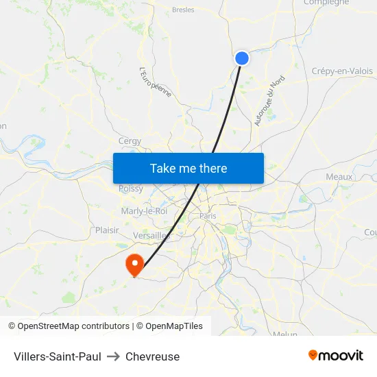 Villers-Saint-Paul to Chevreuse map