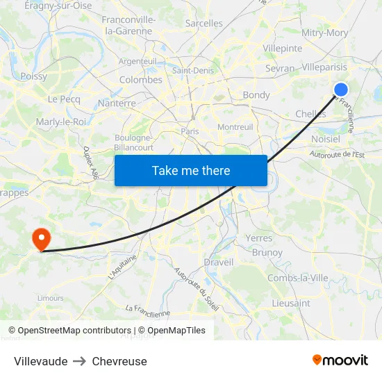 Villevaude to Chevreuse map