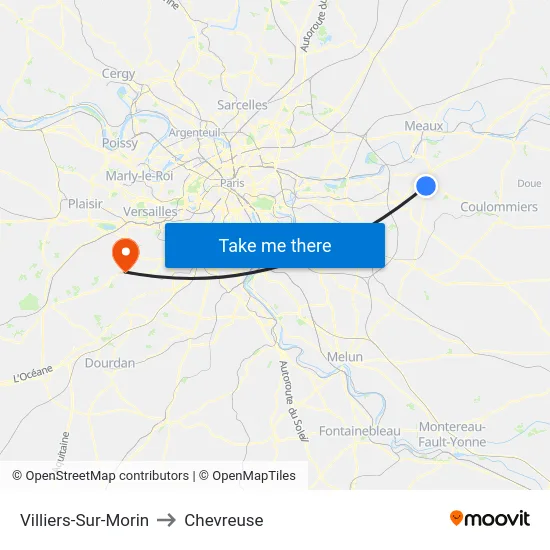 Villiers-Sur-Morin to Chevreuse map