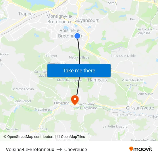 Voisins-Le-Bretonneux to Chevreuse map