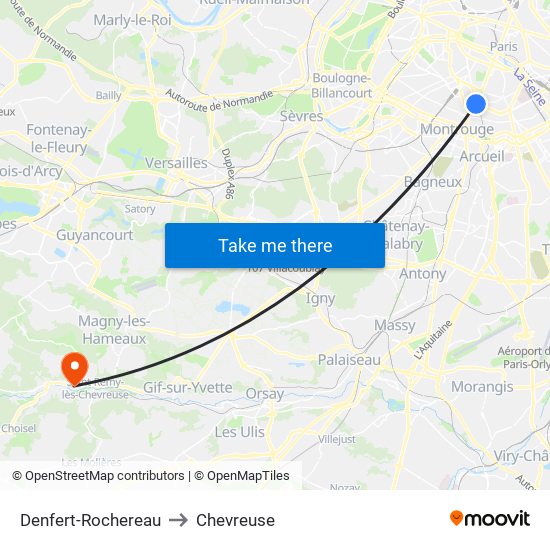 Denfert-Rochereau to Chevreuse map