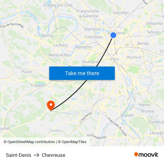 Saint-Denis to Chevreuse map