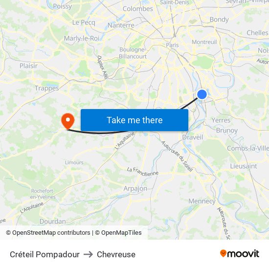 Créteil Pompadour to Chevreuse map