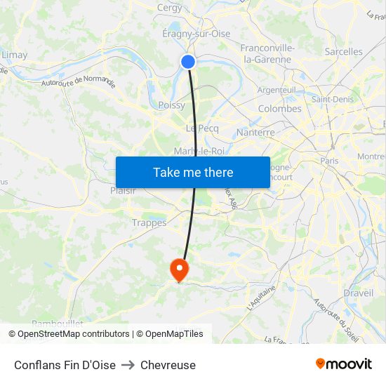 Conflans Fin D'Oise to Chevreuse map