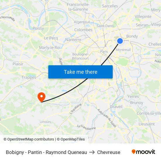 Bobigny - Pantin - Raymond Queneau to Chevreuse map