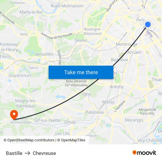 Bastille to Chevreuse map