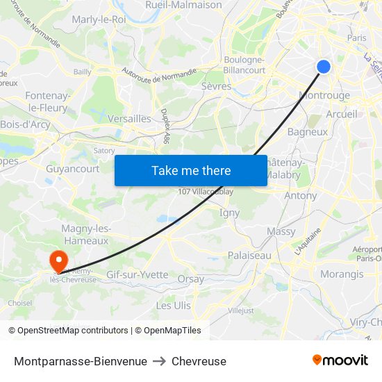 Montparnasse-Bienvenue to Chevreuse map