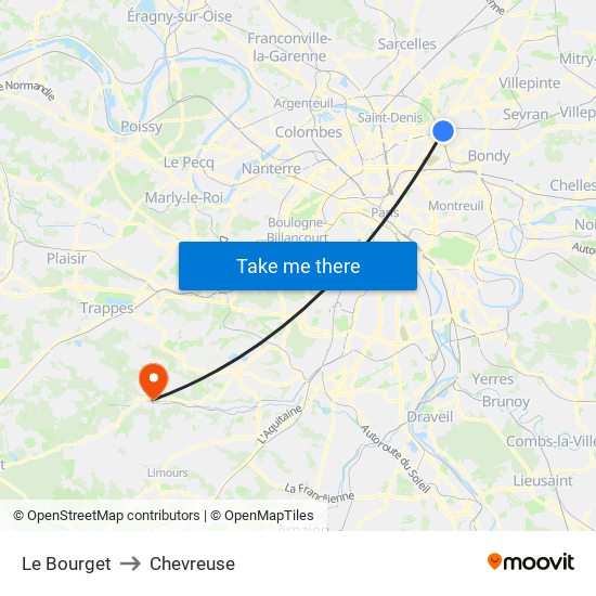 Le Bourget to Chevreuse map