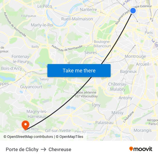 Porte de Clichy to Chevreuse map