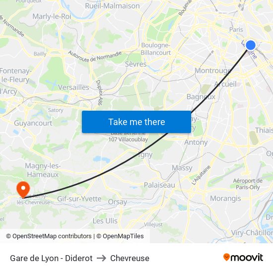 Gare de Lyon - Diderot to Chevreuse map