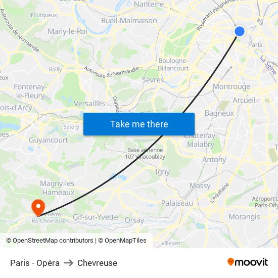 Paris - Opéra to Chevreuse map