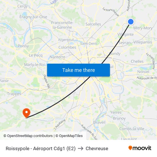 Roissypole - Aéroport Cdg1 (E2) to Chevreuse map