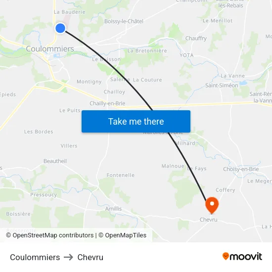 Coulommiers to Chevru map