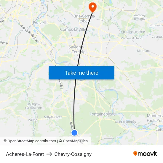 Acheres-La-Foret to Chevry-Cossigny map