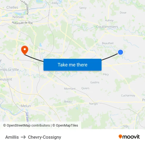 Amillis to Chevry-Cossigny map