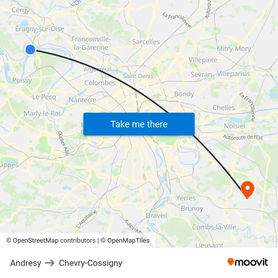 Andresy to Chevry-Cossigny map