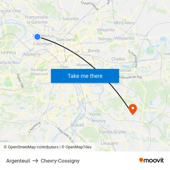 Argenteuil to Chevry-Cossigny map