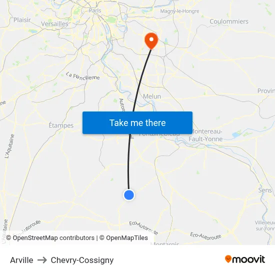 Arville to Chevry-Cossigny map