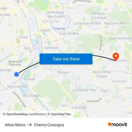 Athis-Mons to Chevry-Cossigny map