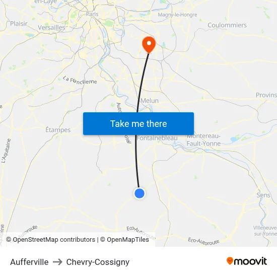 Aufferville to Chevry-Cossigny map