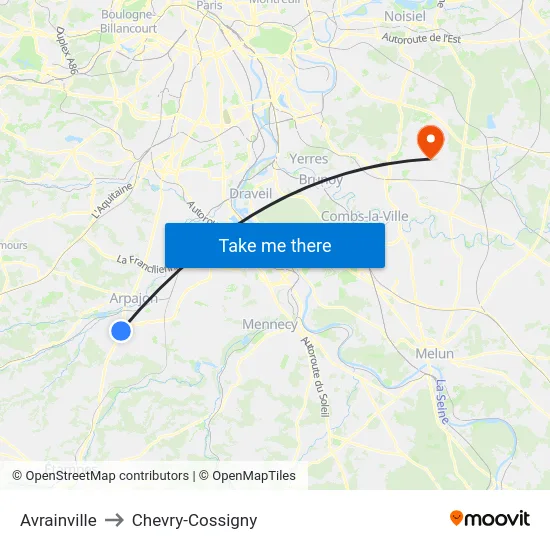 Avrainville to Chevry-Cossigny map