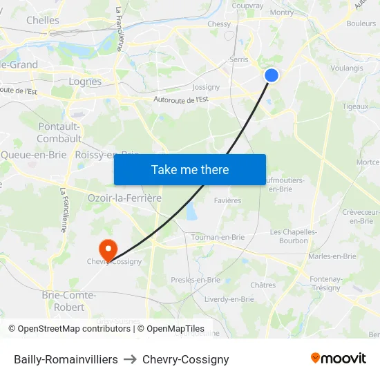 Bailly-Romainvilliers to Chevry-Cossigny map