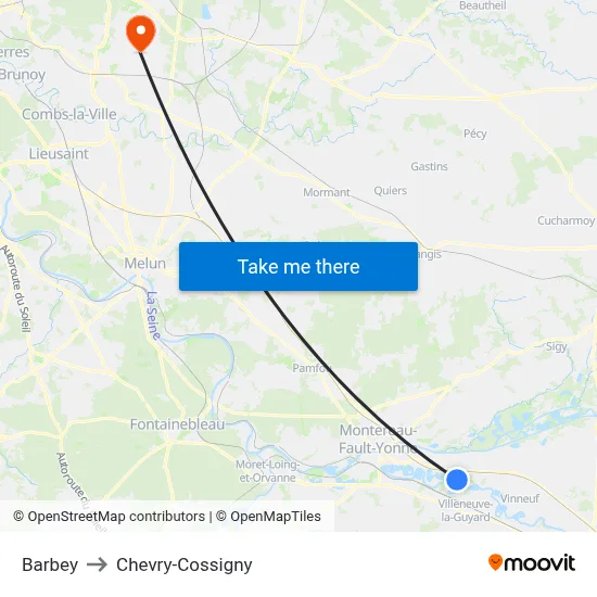 Barbey to Chevry-Cossigny map