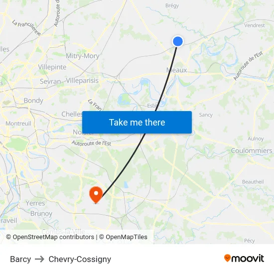 Barcy to Chevry-Cossigny map