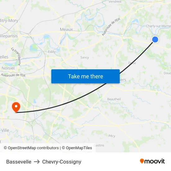 Bassevelle to Chevry-Cossigny map