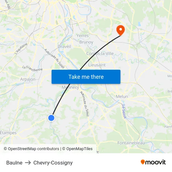 Baulne to Chevry-Cossigny map