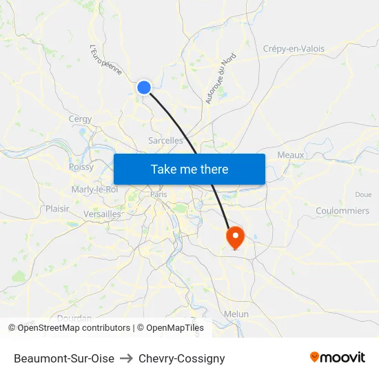 Beaumont-Sur-Oise to Chevry-Cossigny map