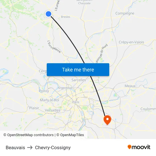 Beauvais to Chevry-Cossigny map