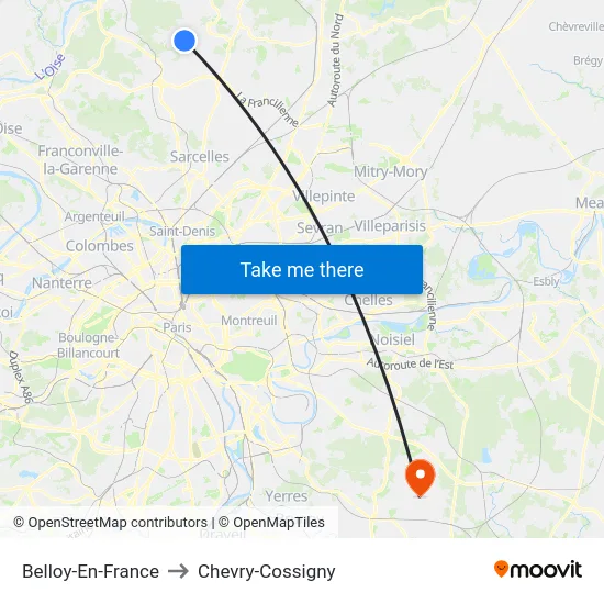 Belloy-En-France to Chevry-Cossigny map