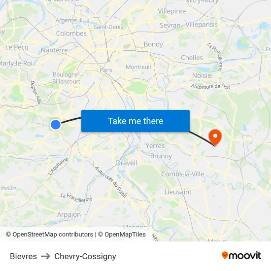 Bievres to Chevry-Cossigny map