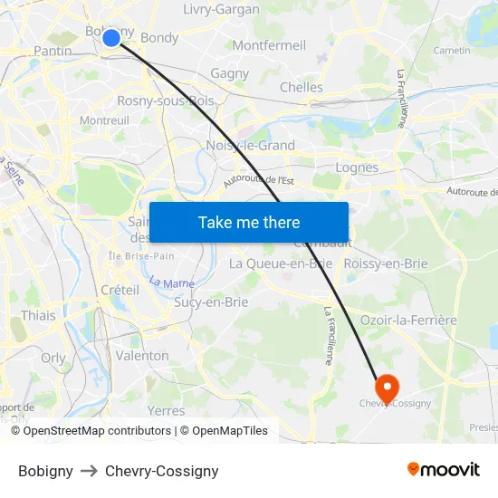Bobigny to Chevry-Cossigny map