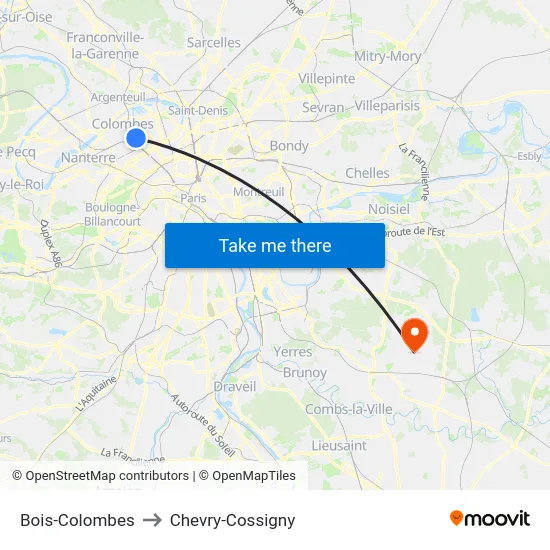 Bois-Colombes to Chevry-Cossigny map