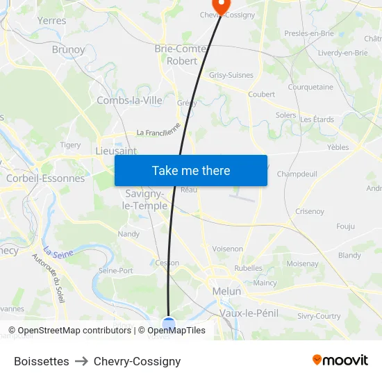 Boissettes to Chevry-Cossigny map