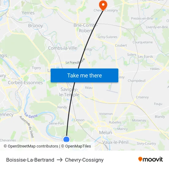 Boissise-La-Bertrand to Chevry-Cossigny map